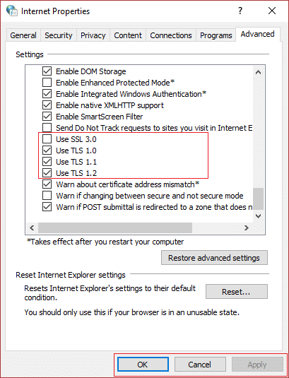 cochez Utiliser TLS 1.0, Utiliser TLS 1.1 et Utiliser TLS 1.2