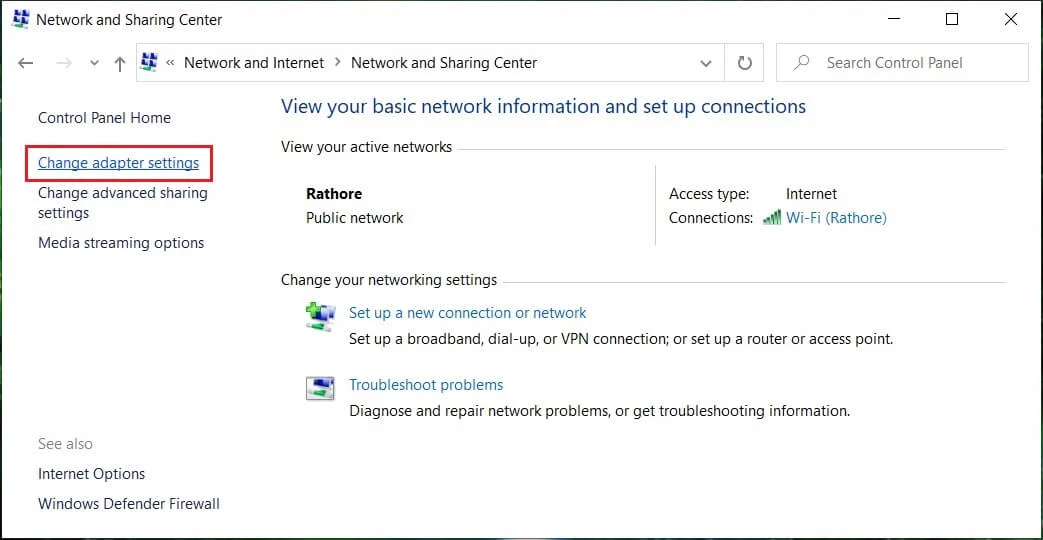 Haga clic en Centro de redes y recursos compartidos y luego haga clic en Cambiar la configuración del adaptador