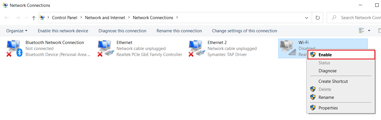 Haga clic derecho en el mismo adaptador y esta vez elija Habilitar | [SOLUCIONADO] WiFi conectado pero sin Internet en Windows 10