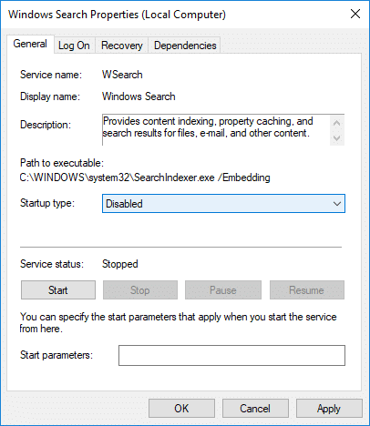 En el menú desplegable Tipo de inicio de Búsqueda de Windows, seleccione Deshabilitado