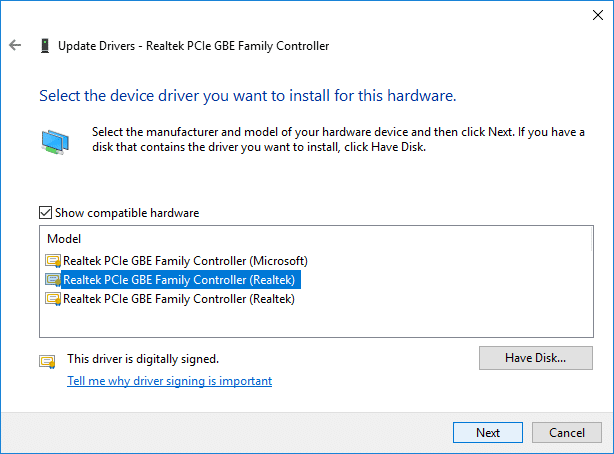 Seleccione el controlador de la familia Realtek PCIe FE más reciente y haga clic en Siguiente