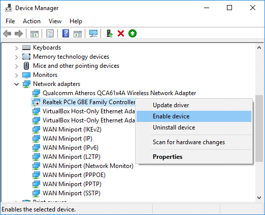 Haga clic derecho en su dispositivo Ethernet y seleccione Habilitar