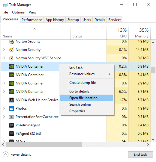 Haga clic derecho en Nvidia Container y seleccione Abrir ubicación de archivo