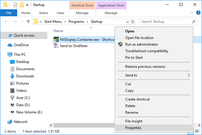 Ahora haga clic derecho en el acceso directo NVDisplay.Container.exe y seleccione Propiedades
