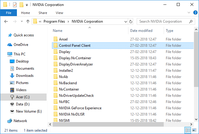 Haga clic en el botón Atrás para navegar a la carpeta de NVIDIA Corporation | Arreglar el panel de control de NVIDIA que falta en Windows 10