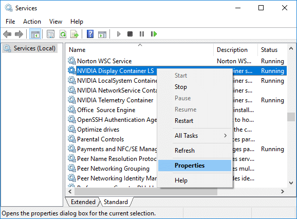 Haga clic derecho en NVIDIA Display Container LS y luego seleccione Propiedades