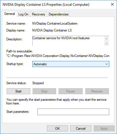 Seleccione Automático en el menú desplegable Tipo de inicio para NVIDIA Display Container LS