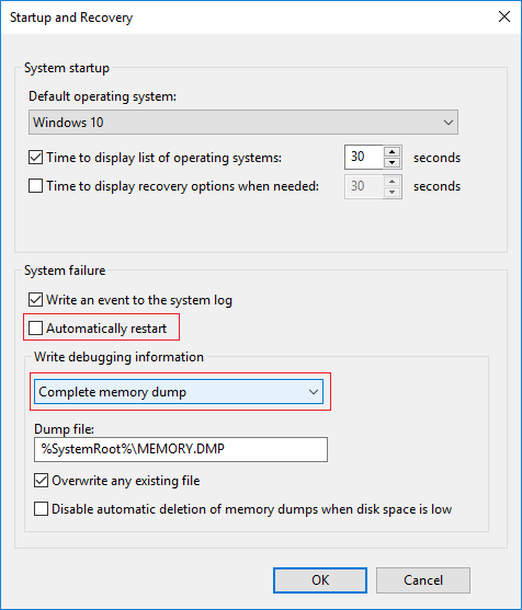Debifați Reporniți automat, apoi de la Scrieți informații de depanare, selectați Complete memory dump