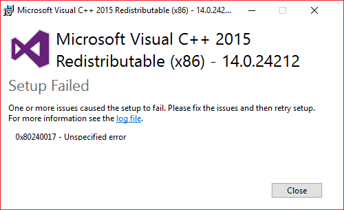 Corrija el error de configuración redistribuible de Microsoft Visual C ++ 2015 0x80240017