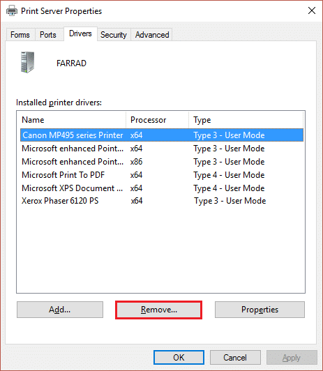 Eliminați imprimanta din proprietățile serverului de imprimare