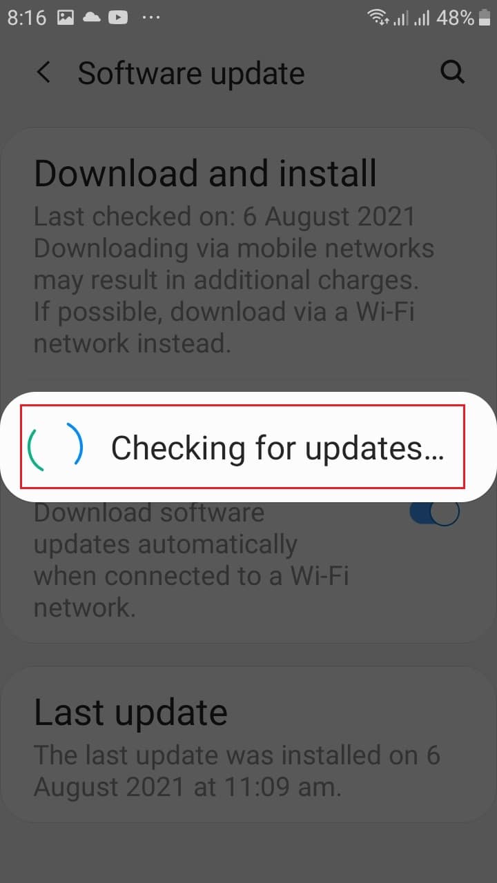 Android가 Samsung 모바일에서 업데이트를 확인할 때까지 기다립니다.