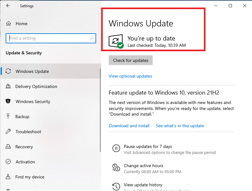 如果沒有任何更新，它將顯示 Windows 更新為您的最新版本。如果有任何可用更新，請繼續安裝待處理的更新。
