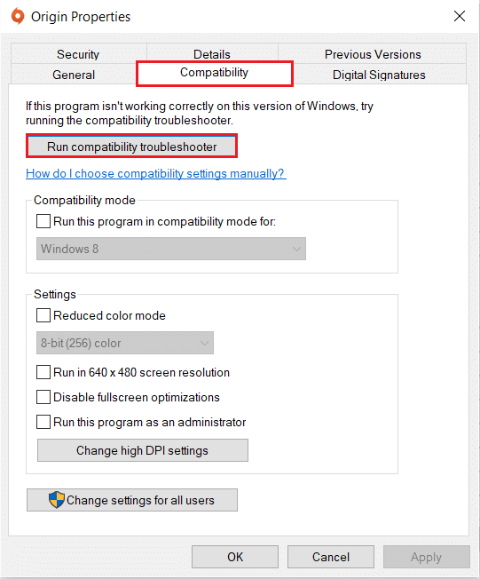 在 Origin Compatibility Properties 中運行兼容性疑難解答