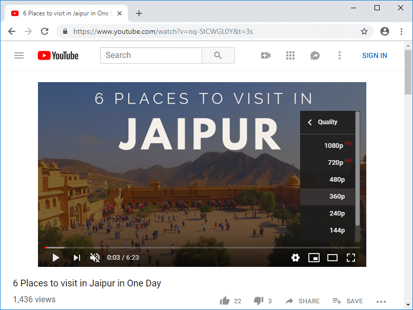 YouTubeビデオの品質を変更する