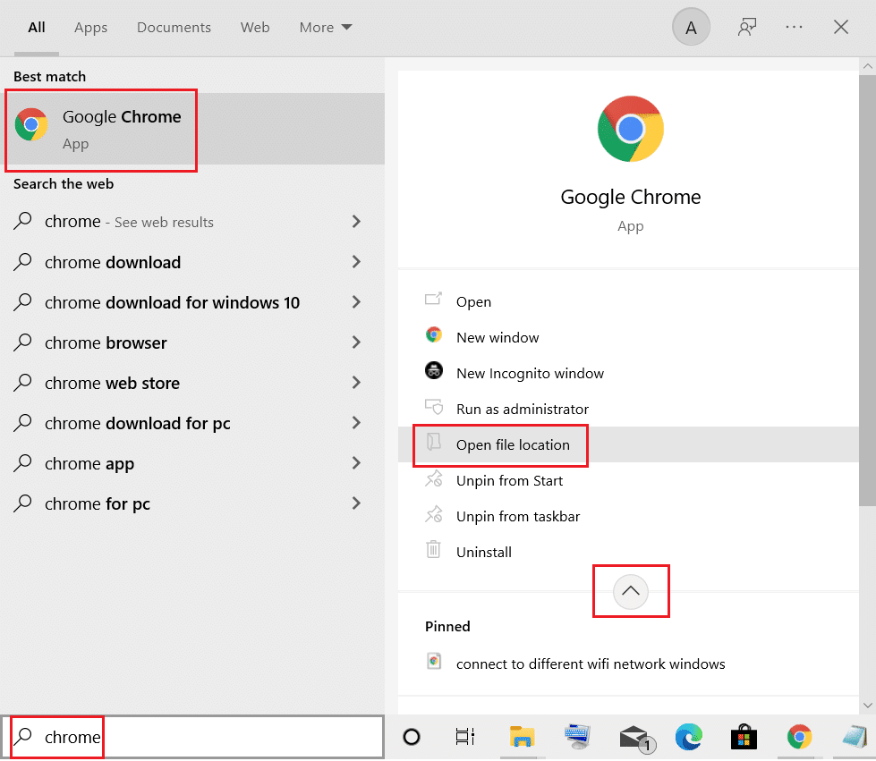 Windows 검색 메뉴에서 chrome을 검색하고 파일 위치 열기 옵션을 선택합니다.