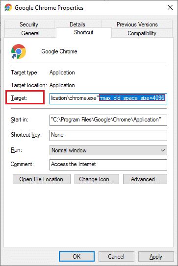 이제 Google Chrome 속성 창에서 대상 위치 C:\Program Files (x86)\Google\Chrome\Application\chrome.exe –max_old_space_size=4096 끝에 다음 경로를 추가합니다.