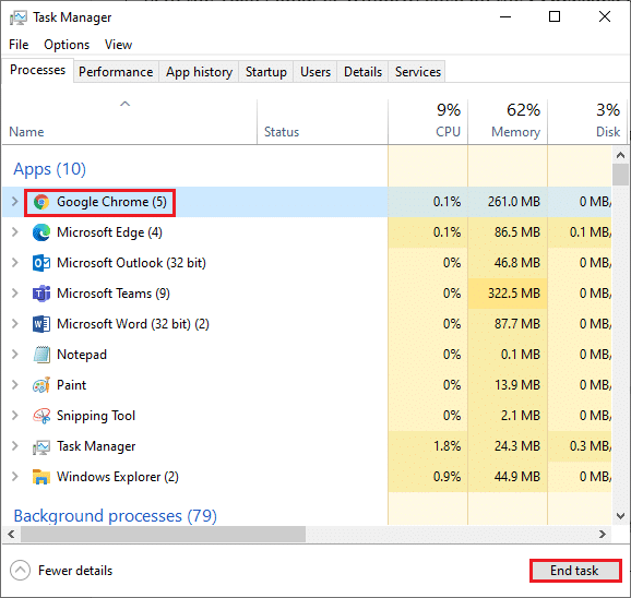 이제 백그라운드에서 불필요하게 실행되는 Chrome 작업을 검색하여 선택하십시오. 작업 끝내기를 클릭합니다.