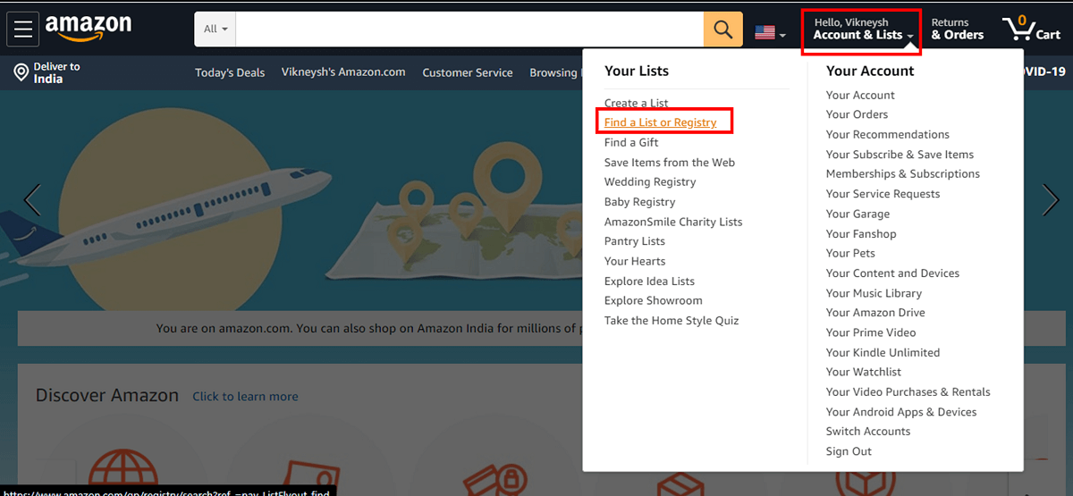 Kotak menu akan muncul, temukan opsi berlabel "Temukan Daftar atau Registri". | Bagaimana Menemukan Daftar Keinginan Amazon Seseorang?