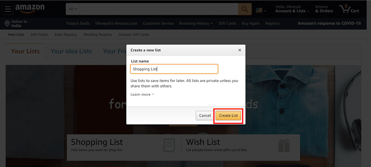 pilih nama untuk daftar Anda dan klik opsi Buat Daftar. | Bagaimana Menemukan Daftar Keinginan Amazon Seseorang?