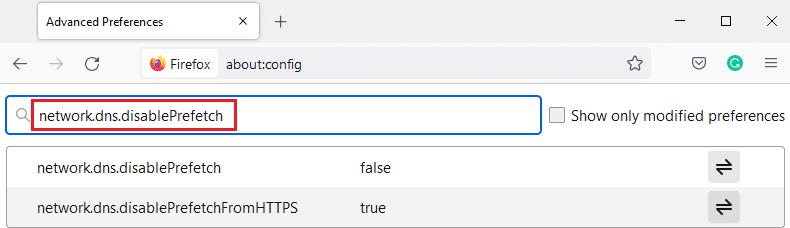 Sekarang, ketik network.dns.disablePrefetch di bilah pencarian.