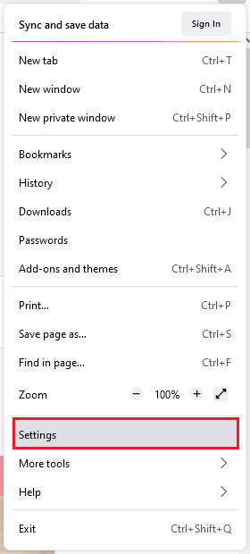 Sekarang, dari menu tarik-turun, klik Pengaturan. Cara Memperbaiki Firefox Tidak Memuat Halaman