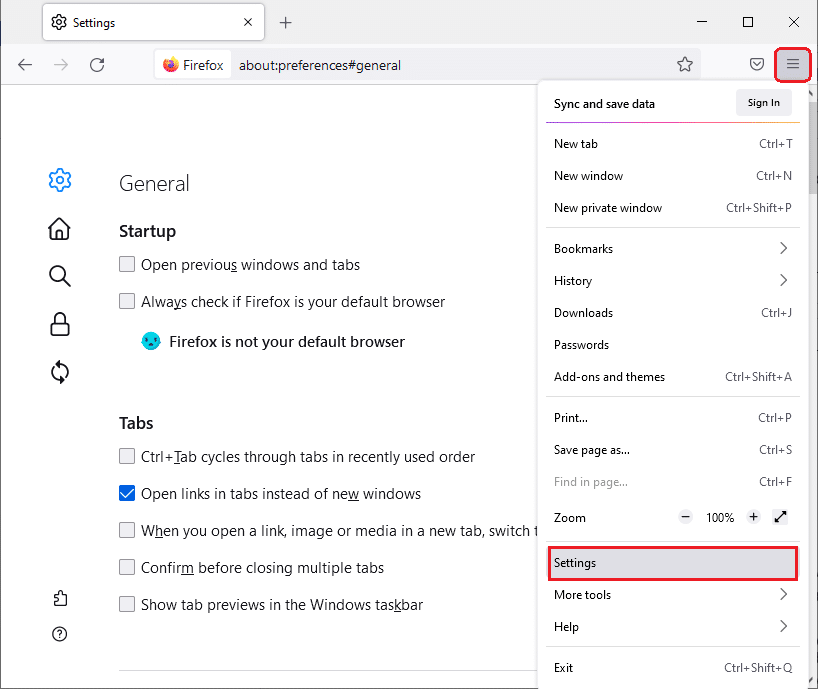 Di sini, pilih opsi Pengaturan. Cara Memperbaiki Firefox Tidak Memuat Halaman