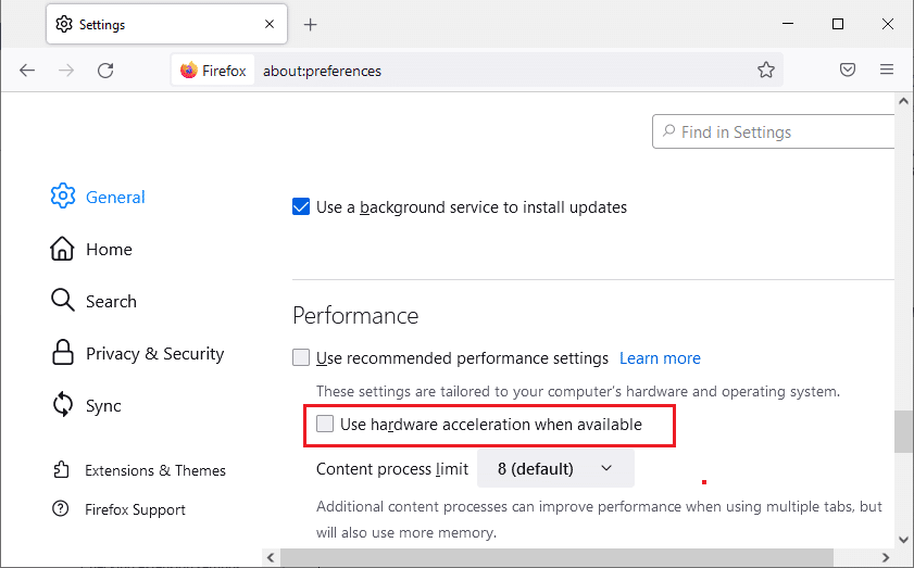 Hapus centang Gunakan akselerasi perangkat keras saat opsi tersedia. Cara Memperbaiki Firefox Tidak Memuat Halaman