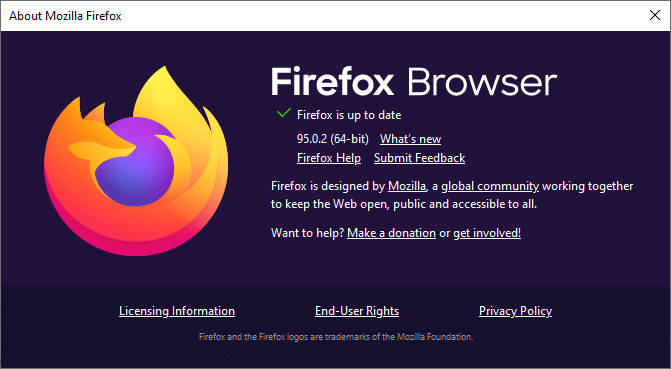 Jika Firefox Anda up to date, itu akan menampilkan Firefox up to date.