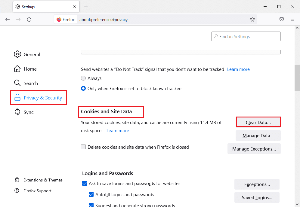 gulir ke bawah layar kanan ke menu Cookie dan Data Situs. Cara Memperbaiki Firefox Tidak Memuat Halaman