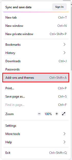 klik add ons dan tema di opsi menu Mozilla firefox