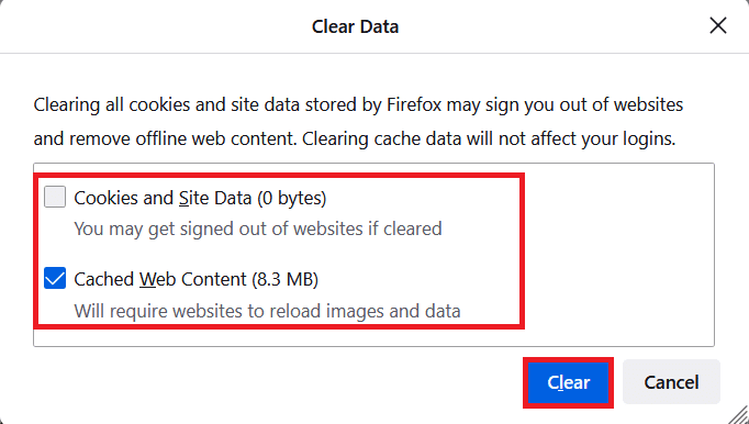 Hapus centang pada kotak Cookie dan Data Situs dan pastikan Anda mencentang kotak Konten Web Tembolok. Klik Hapus.