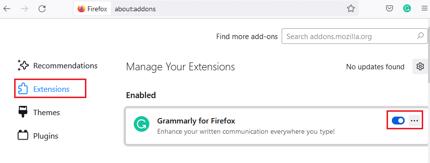 Kemudian, klik Ekstensi di panel kiri dan matikan ekstensi. Cara Memperbaiki Firefox Tidak Memuat Halaman