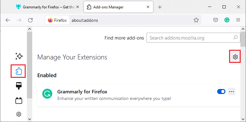 Di sini, klik Ekstensi di panel kiri, dan di panel kanan, klik ikon roda gigi yang sesuai dengan ekstensi Anda. Cara Memperbaiki Firefox Tidak Memuat Halaman
