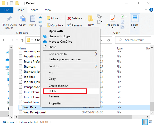 Scrollen Sie nun nach unten und klicken Sie mit der rechten Maustaste auf die Webdatendatei und klicken Sie auf die Option Löschen. Chrome-Profilfehler beheben
