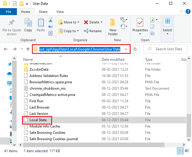 Löschen Sie die lokale Statusdatei, indem Sie zum lokalen App-Datenordner der Google Chrome-Benutzerdaten wechseln