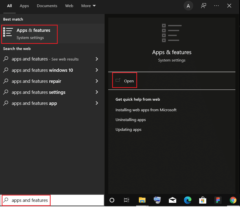 Geben Sie Apps und Funktionen ein und klicken Sie auf In der Windows 10-Suchleiste öffnen. Chrome-Profilfehler beheben