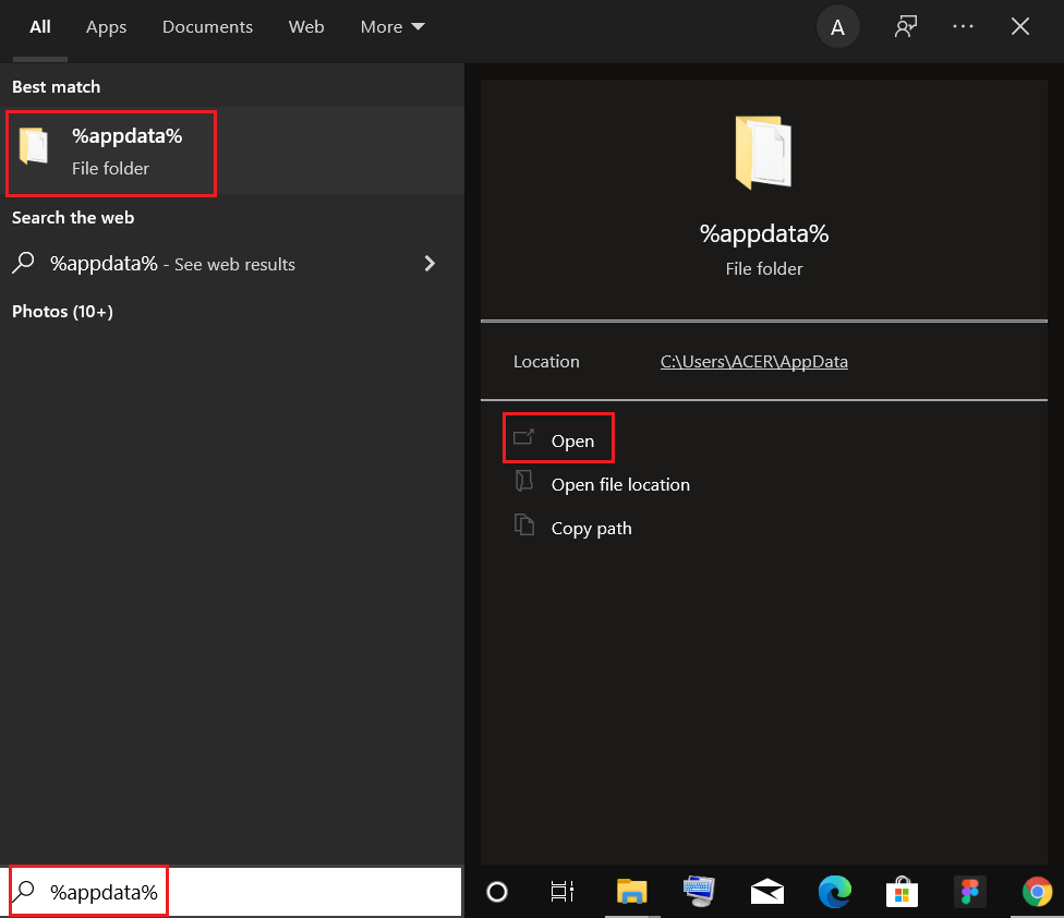 Starten Sie den AppData-Ordner über die Windows-Suchleiste. Chrome-Profilfehler beheben