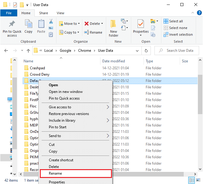 Suchen Sie nun den Standardordner und klicken Sie mit der rechten Maustaste darauf. Wählen Sie dann die Option Umbenennen. Chrome-Profilfehler beheben