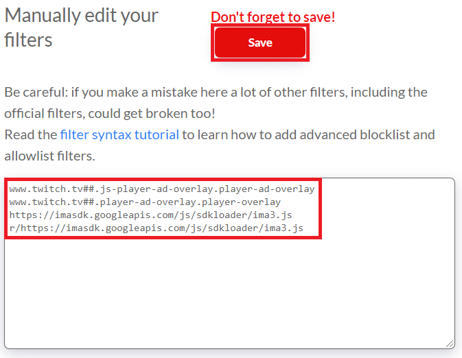 自定义过滤器列表。修复 AdBlock 在 Twitch 上不起作用
