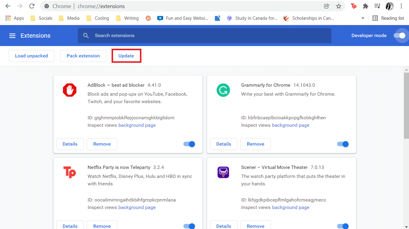 单击更新。修复 AdBlock 在 Twitch 上不起作用