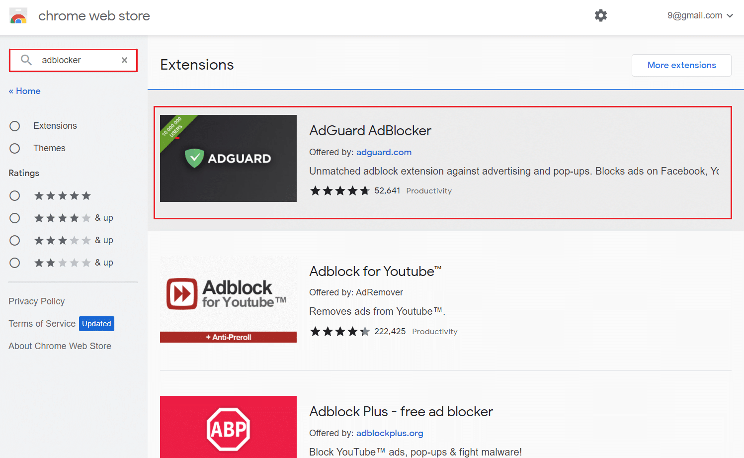 在 chrome 网上商店中搜索 adblocker
