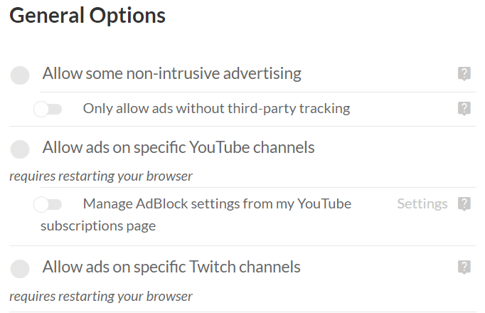 允许在特定网站上投放广告的选项。修复 AdBlock 在 Twitch 上不起作用