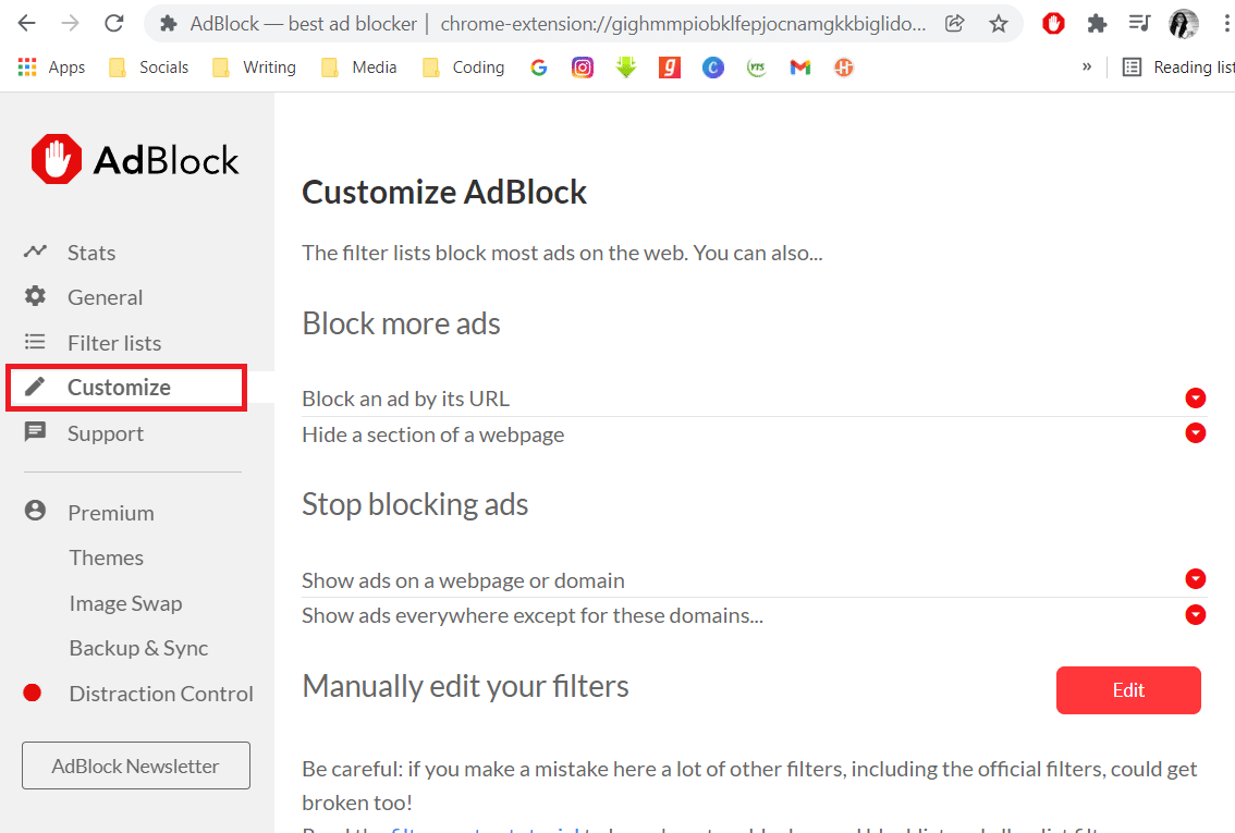 选择自定义。修复 AdBlock 在 Twitch 上不起作用