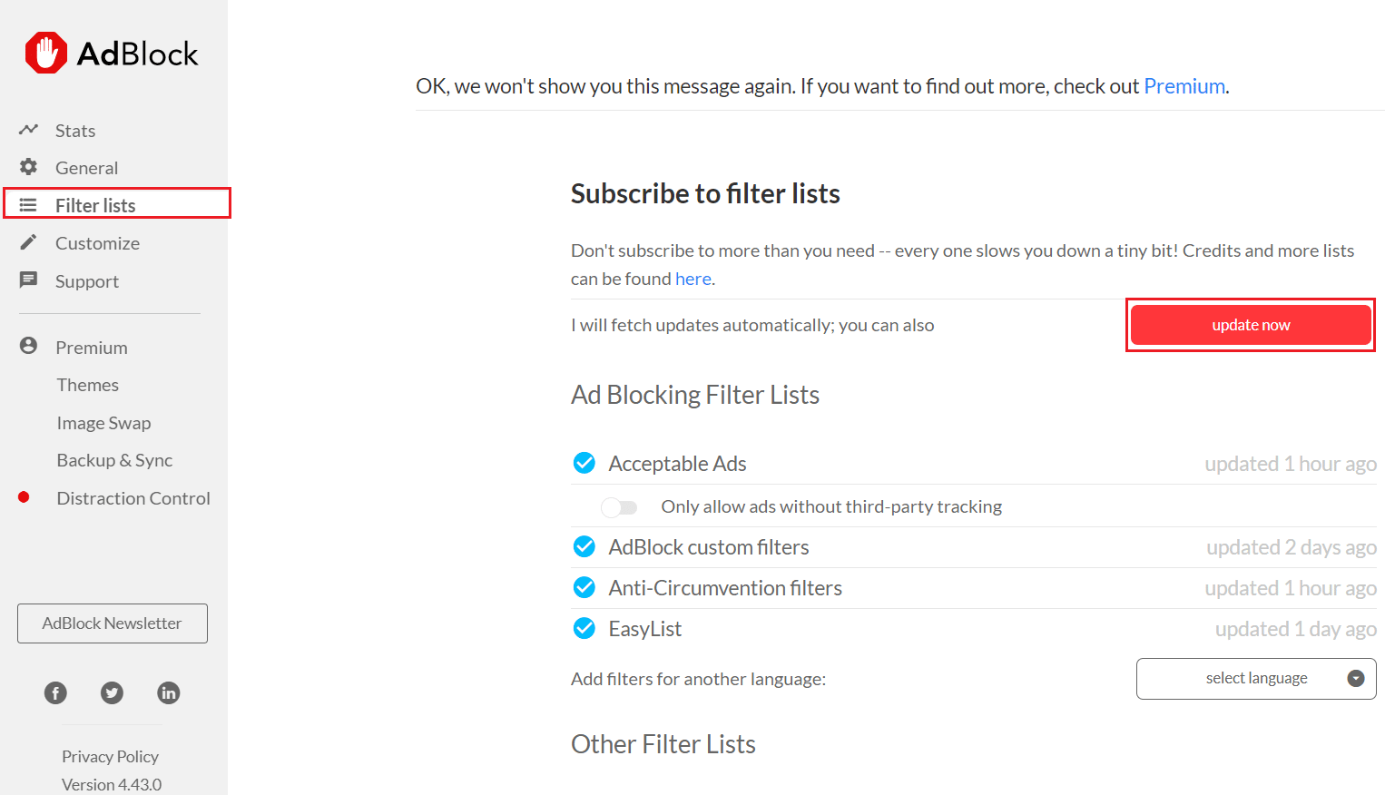 转到过滤器列表菜单，然后单击 Adblock 设置中的立即更新。修复 AdBlock 在 Twitch 上不起作用