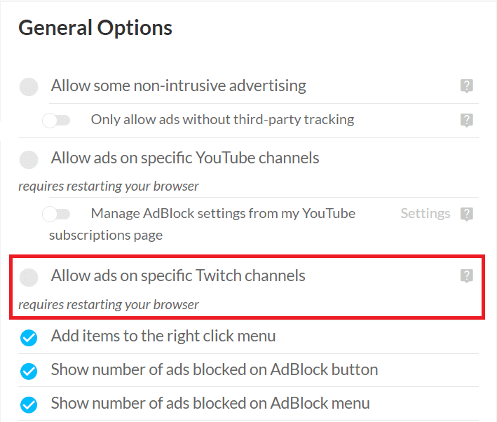 寻找允许特定 Twitch 频道上的广告选项并取消选中它 |修复 Adblock 在 Twitch 上不起作用