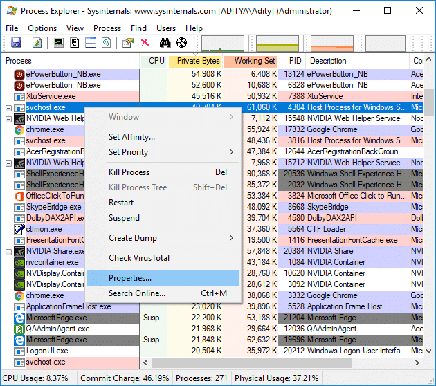 Busque el proceso svchost.exe en la lista y haga clic derecho sobre él y seleccione Propiedades.