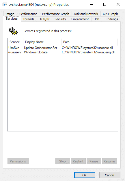 En la ventana de propiedades de svchost.exe, cambie a la pestaña Servicios