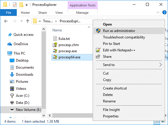 Haga clic derecho en el archivo procexp64.exe y seleccione ejecutar como administrador
