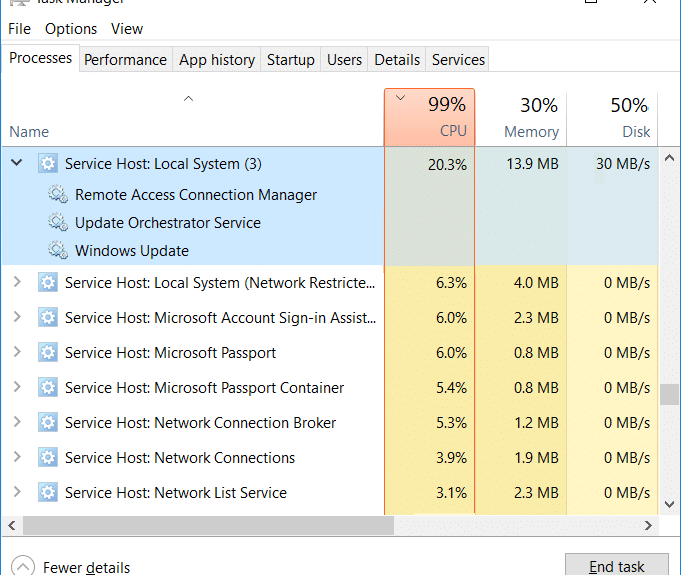 Arreglar Host de servicio: Sistema local (svchost.exe) Alto uso de CPU y disco