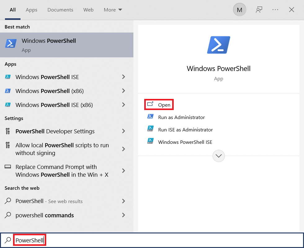 Resultados de búsqueda del menú Inicio para PowerShell. Arreglar clave de Windows deshabilitada